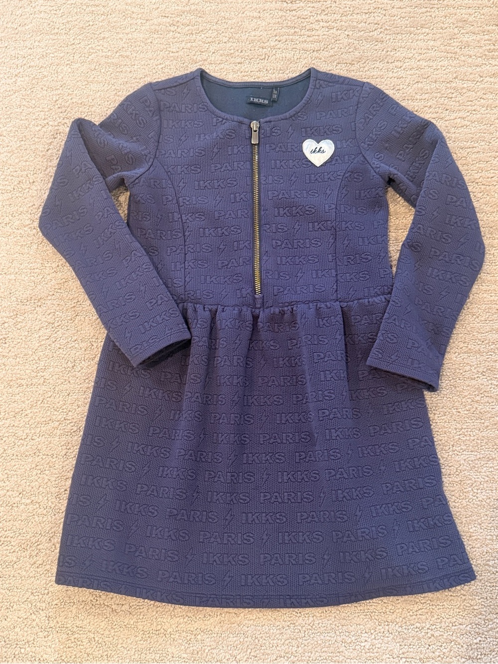 Ikks Navy Textured Zip-Front Long Sleeve Dress